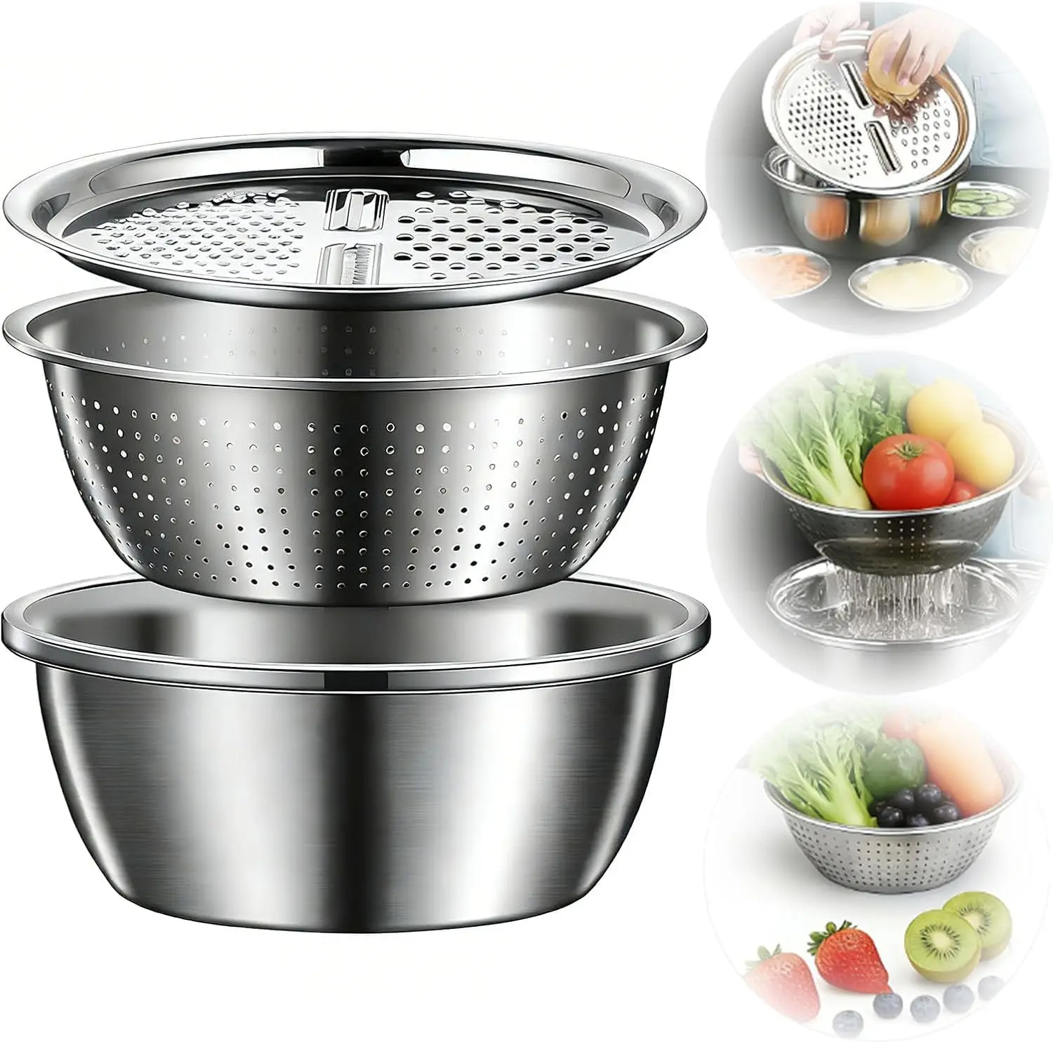 Stainless Steel Mixing Bowls Set, Grating Bowl, 3 in 1 Multifunctional Stainless Steel Basin Strainer Set with Grater, Strainer Drain Basket for Rinsing Draining Mixing (10.2"/26cm)