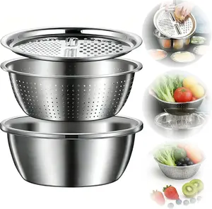 Stainless Steel Mixing Bowls Set, Grating Bowl, 3 in 1 Multifunctional Stainless Steel Basin Strainer Set with Grater, Strainer Drain Basket for Rinsing Draining Mixing (10.2"/26cm)