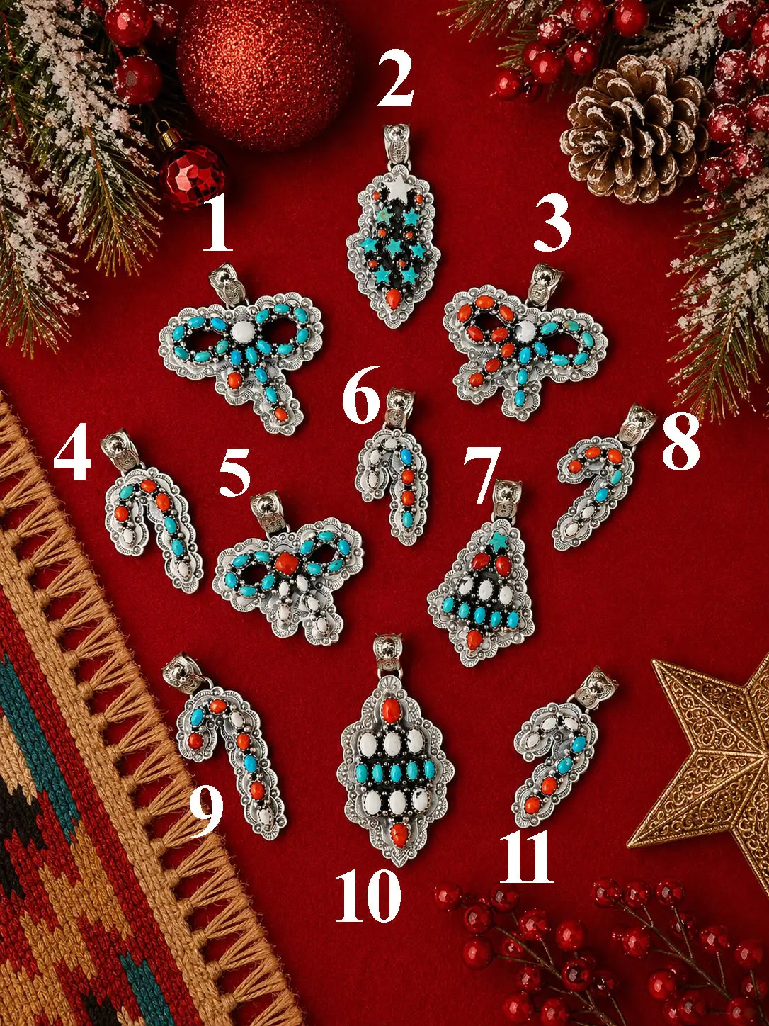 Handmade Sterling Silver Kingman Turquoise with Coral and White Buffalo Christmas Ornaments Collection: Pendant Signed Nizhoni (5)