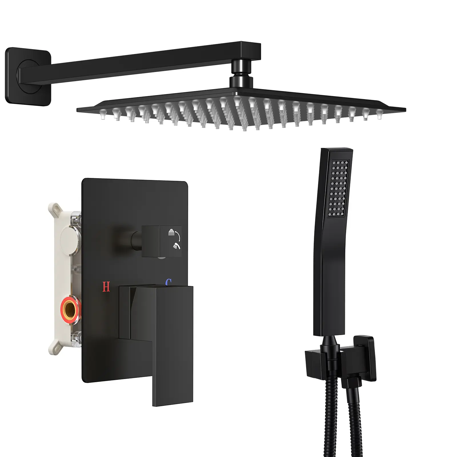 Wall-Mounted Shower Faucet Set, 10/12 Inch Square Rain Shower Head & Handheld Spray, 304 Stainless Steel, Anti-Rust, Pressure-Balancing Valve, Self-Cleaning Nozzles, Complete Shower System for Bathroom