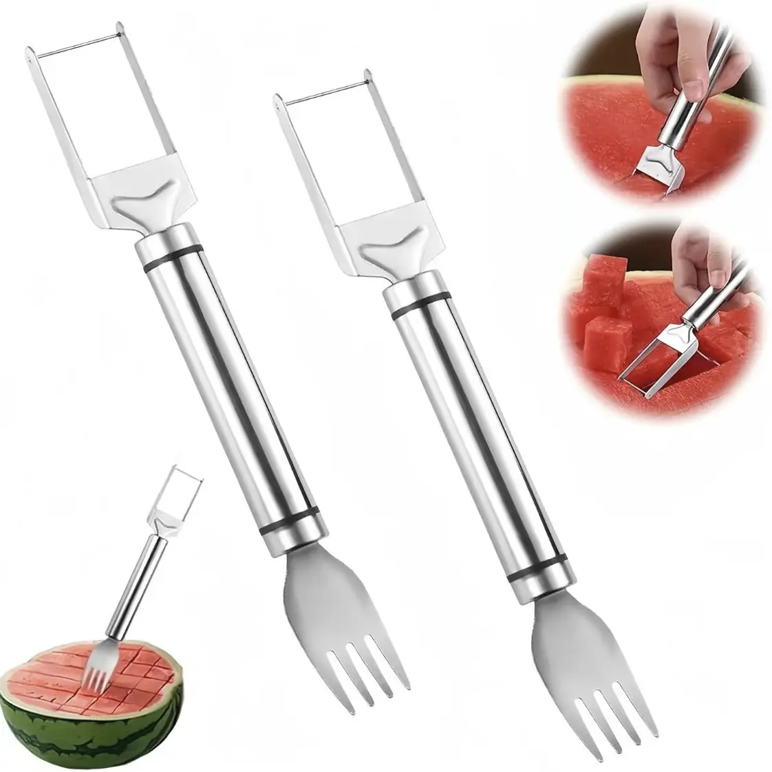 【2 Pack】Watermelon Fork Slicer Cutter Slicer Tool, 2-in-1 Stainless Steel Fruit Cutter, Dual Head Fruit Forks Slicer Knife with Round Handle Fruit Cutting Kitchen Utensils #SummerVibes