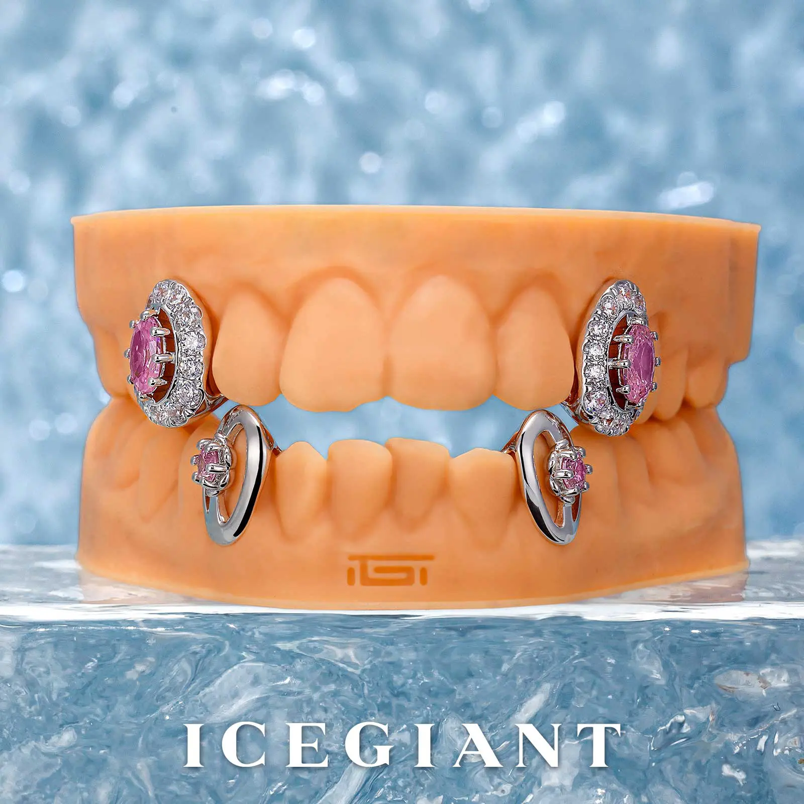 Artificial Pink Sapphire Adorned Fang Grillz, Artificial Gemstone Jewelry Accessory