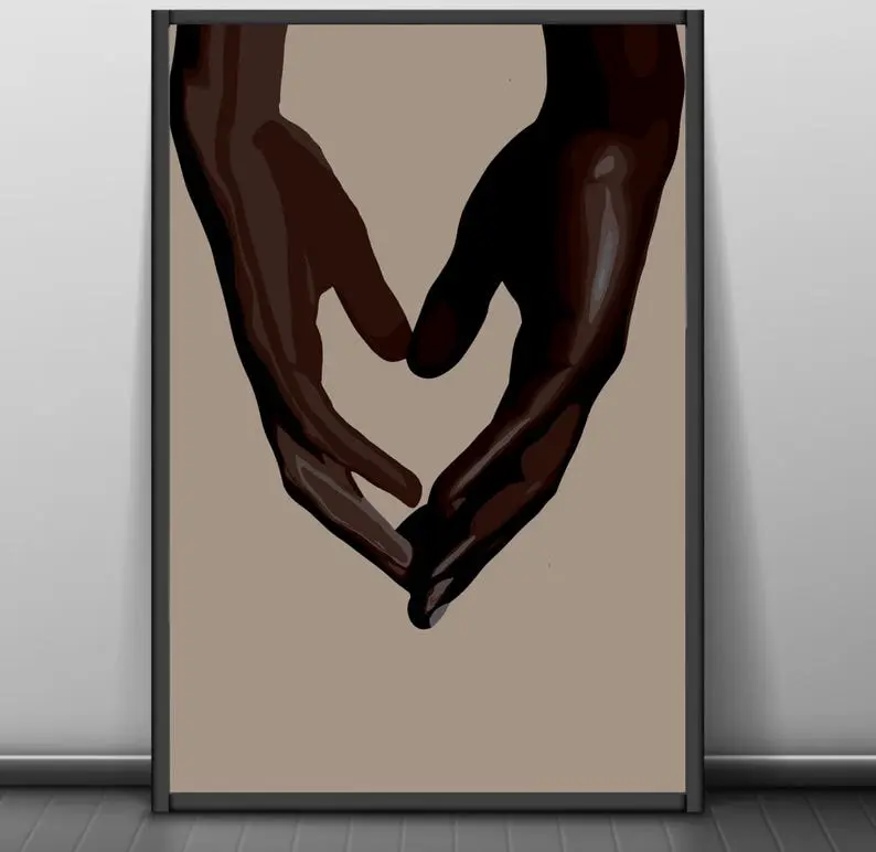 Black couple Holding Hand Poster Unframed, Black Love Wall Art, Fashion Wall Art, House Decor, Home Decor, Room Decor, Abstract Printable Black Art