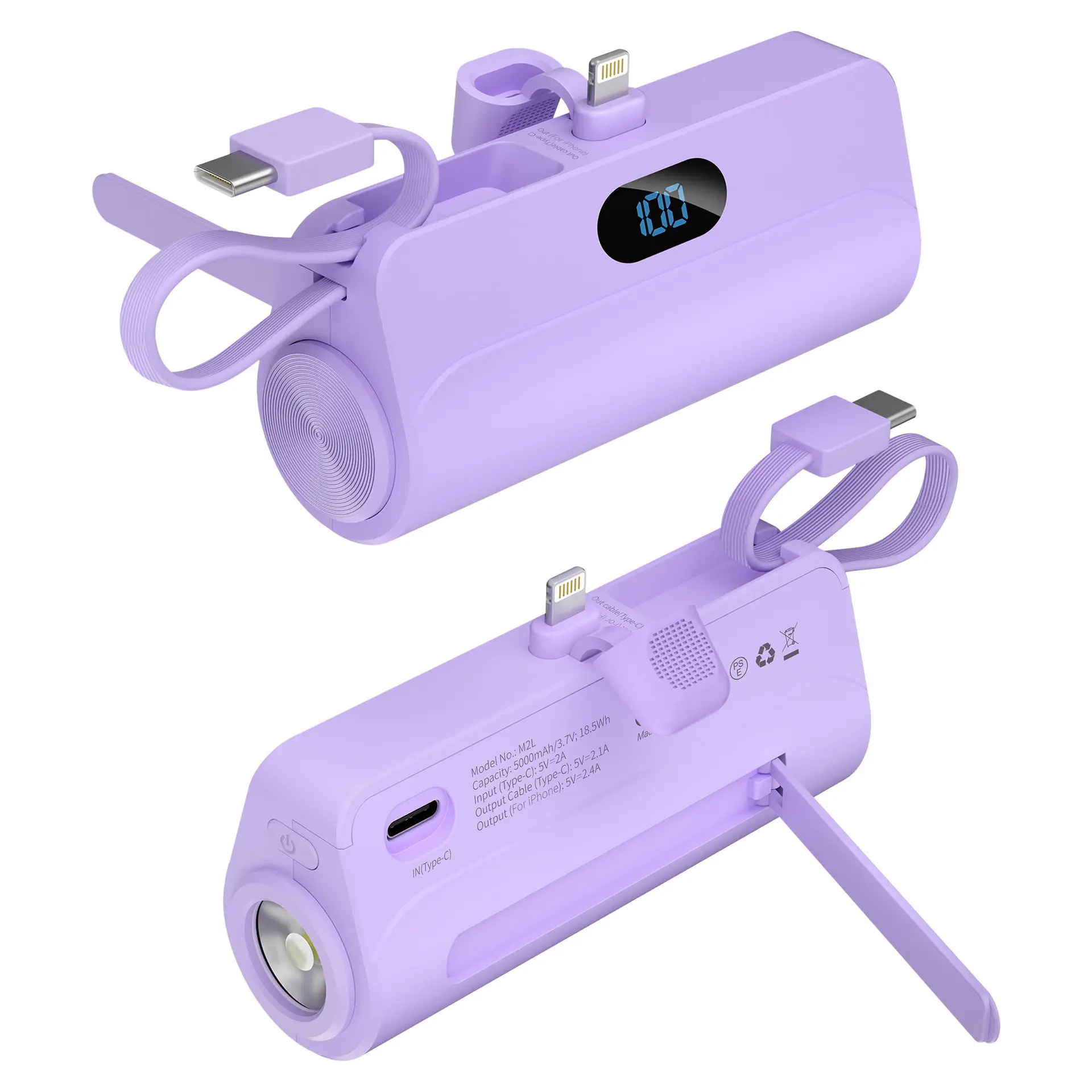 summerwins 5000mAh Mini Ultra Compact Portable Power Bank - Portable Charger with Built-in Cables, USB Type-C, Fast Charging for iPhone, Android Smartphones (Black, Purple) M2 Accessory, Mobile, Rechargeable Usb Battery