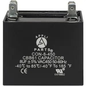 Appli Parts Fan Capacitor 8 mfd (microfarads) uf 450 VAC 4 Terminal Connections compatible with any brand within the same range of capacitance 1-7/8in Width 1in Depth 1-7/8in Height CAP-8-450