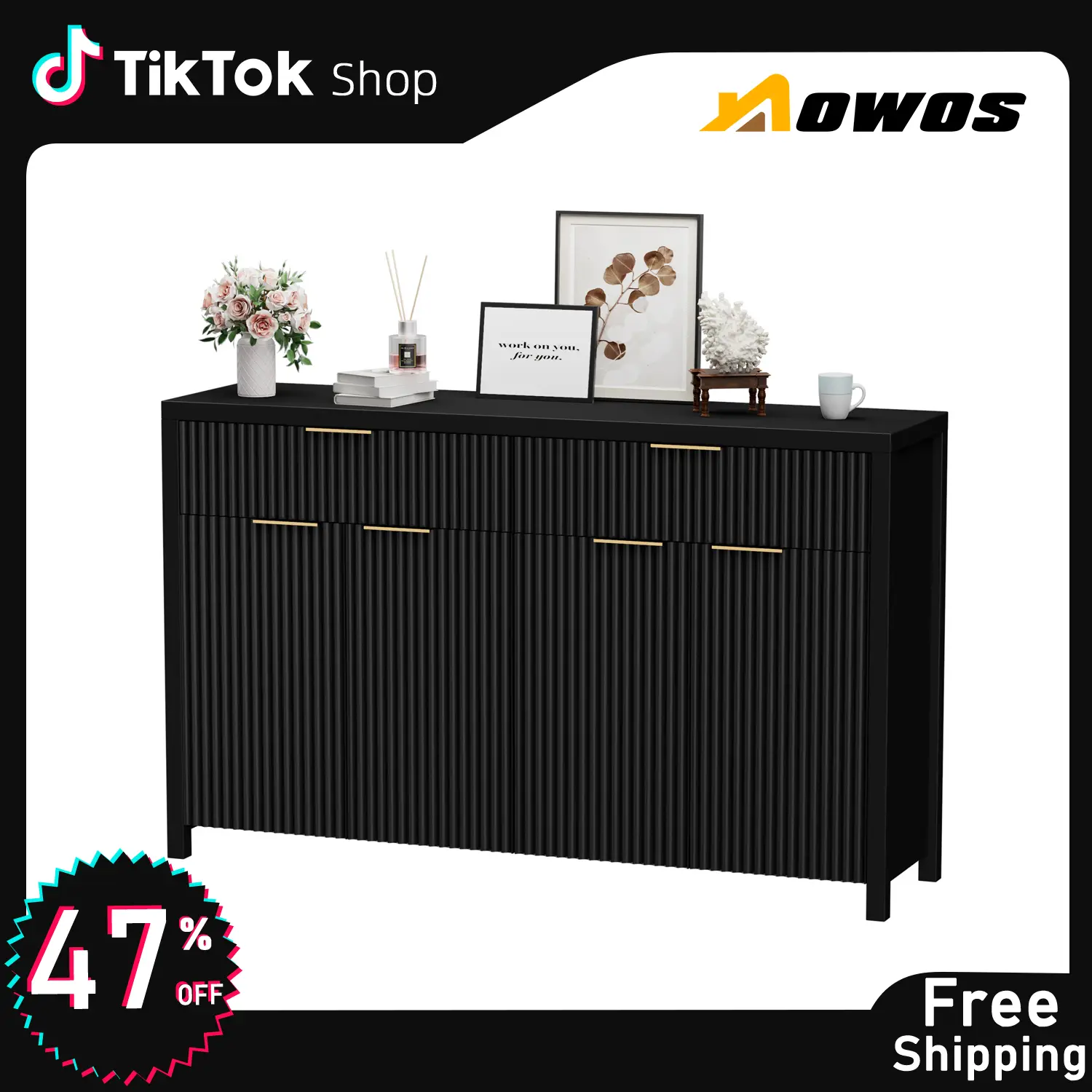 【FallDealsForYou】AOWOS Modern Fluted Sideboard, Sideboard Cabinet, Wooden Dresser for Bedroom with 2 Wide Drawers, Entryway Table, 55" Buffet Cabinet