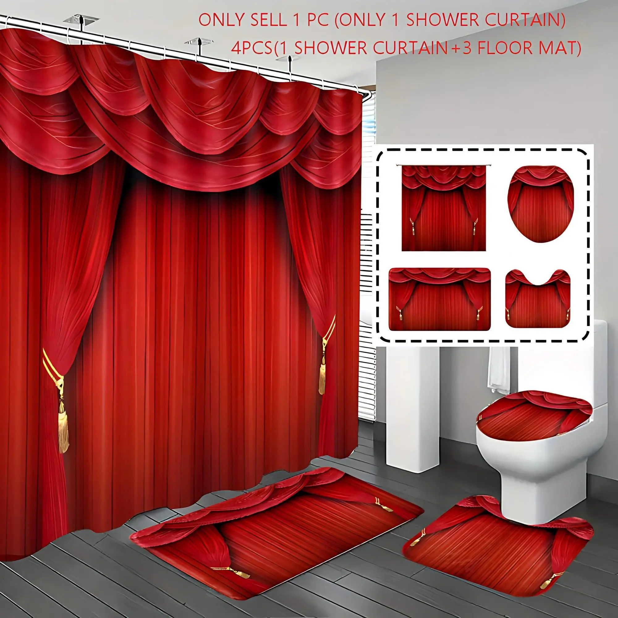 1pc/4pcs, shower curtain set, Printed shower curtain, bathroom floor mat, bathroom rug, Home Decoration, bathroom decoration accessories, Red Curtain Pattern, Simple Theme Decoration, with 12 hooks