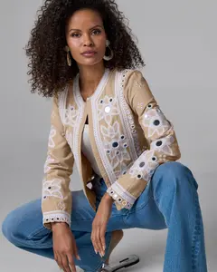 Mirror Embellished and Embroidered Linen Jacket Sesame