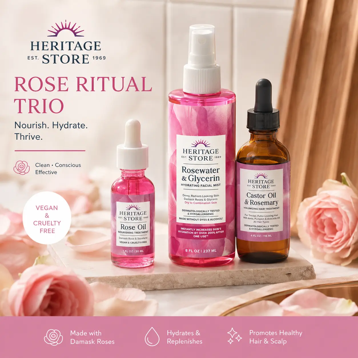 Heritage Rose Ritual Trio – Rose Oil + Rosewater Facial Mist + Rose Petal Hydrosol – Daily Skincare Ritual for Glow & Hydration