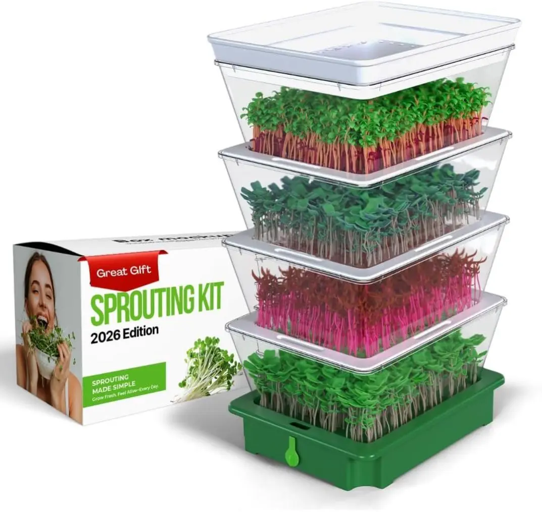 ZESTIGREENS 4-Tier Rectangle Sprouting Tray with Drain Spout - Stackable BPA-Free Food-Safe Hydroponic Growing System, Anti-Mold Tabletop Indoor Garden Supply for Broccoli, Alfalfa, Sandwiches