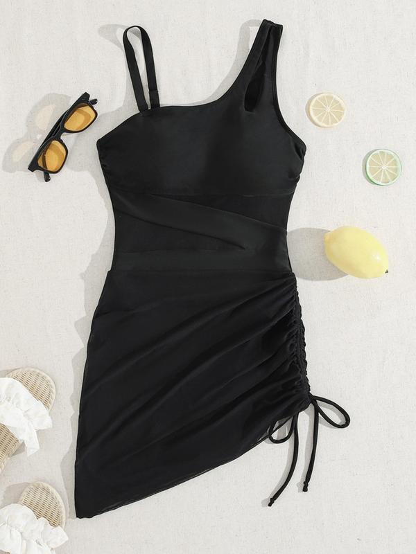 Women's Solid Color Mesh Insert One-piece Swimsuit, Casual Sleeveless Swimwear for Beach Holiday Vacation, Ladies Swimsuit for All Seasons, Mesh Swimsuits