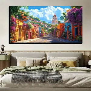 Mexican Village Street Colorful Wall Art Mural for Living Room Bedroom Office Home Decor Photo Frame Hanging Ornaments Artistic Decoration