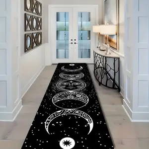 Bohemian Style Print Hallway Rug, Mystical Lunar Phase Pattern, Bedside/sofa Area Carpet, Flannel Mat