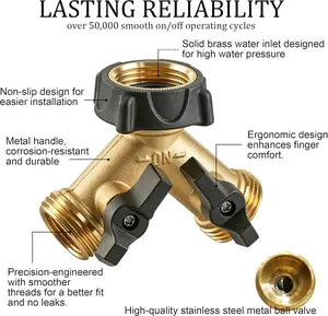2-Way Brass Garden Hose Splitter, 3/4 Inch Hose Tap Connector, 2-Valve Spigot Adapter with Extra Rubber Washers