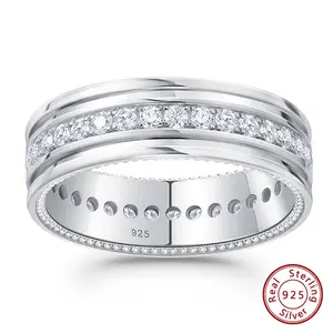 D Color Men’s Moissanite Wedding Bands 925 Sterling Silver Promise Rings for Him Eternity Round Cut Pave Setting Jewelry BR0041_FM #Love Story