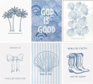 5D Full Drill Diamond Painting Set, 6-Piece Coastal Christian Art, Blue & White Bible Verse & Beach Themed Prints DIY Wall Decor