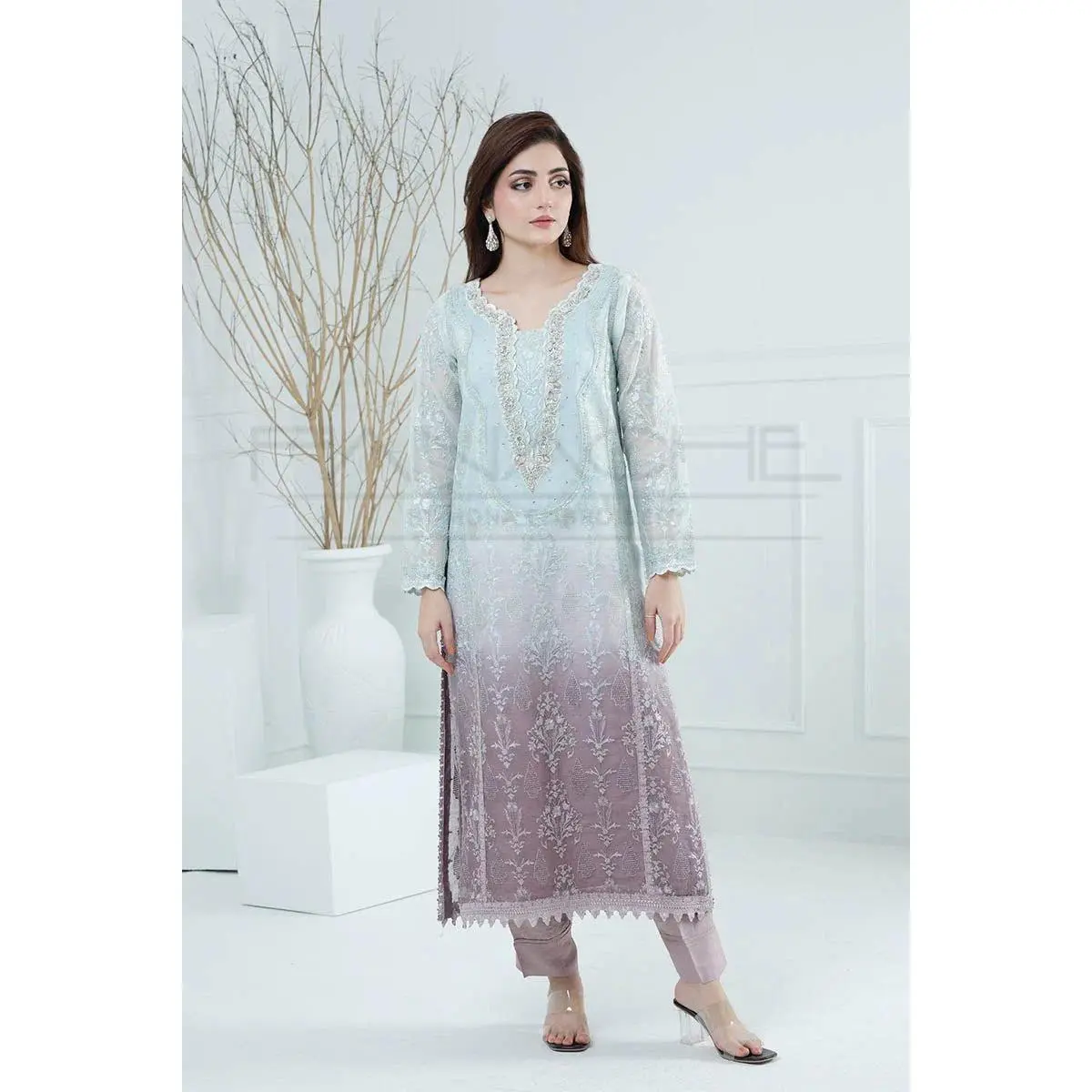 Panache - K-229 Frost And Blossom 3 Piece Embroidered Khaddi Net Suit