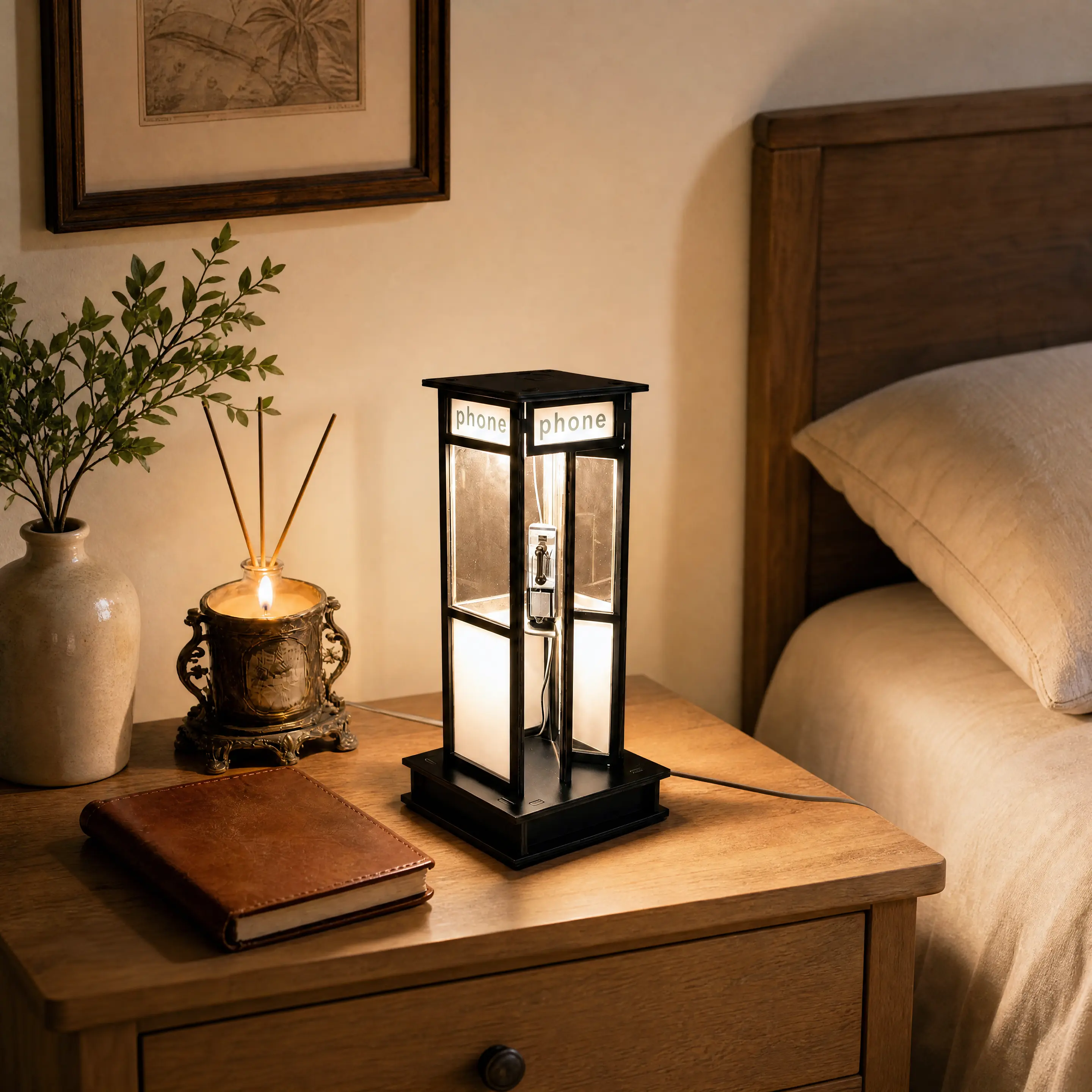Vintage British Phone Booth LED Table Lamp Retro Wooden Phone Box Night Light Decor Desk Lamp for Bedroom Home Decor Gift