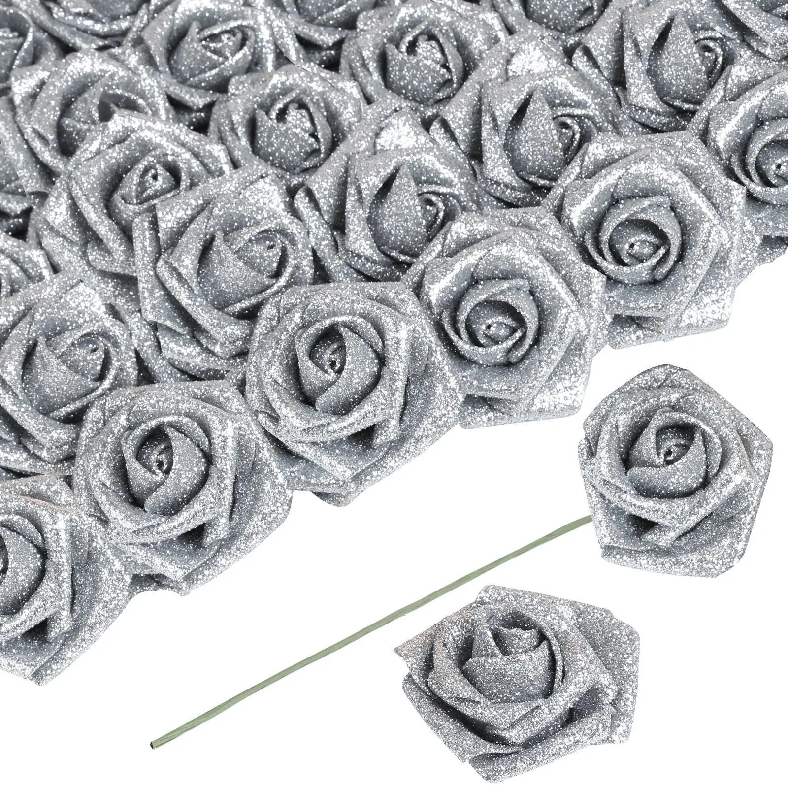 30PCS Latex Foam Glitter Artificial Roses Bouquet - 3.15in (6-7in) Decorative Faux Flower Decorations Set, Gift Ornaments for DIY Arrangement, Home Decor Crafts