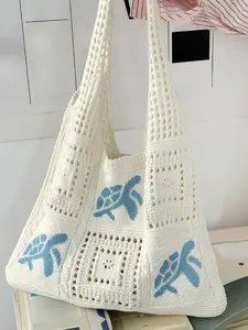 Fashionable Floral Pattern Crochet Knit Beach Tote Bag, Casual Shoulder Bag for Women, Trendy All-match Bag for Daily Use