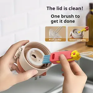 Petal Three-In-One Cup Lid Cleaning Brush Set, Multi-Functional Gap Cleaner for Baby Bottles, Portable Leakproof Design