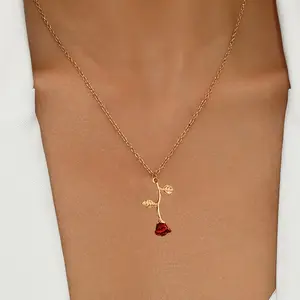 1/2Pcs Dainty Rose Pendant Necklace - 18K Gold Plated Red Rose Charm Chain, Minimalist Romantic Jewelry for Women, Valentine's Day Gift
