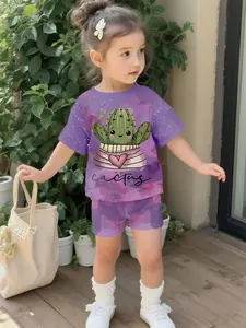Cute Cactus Fresh Baby Girl's Digital Printed 100% Polyester Short Sleeve Set, Adorable Casual Outfit for Baby Girls, Suitable for Daily and Outdoor Sports T-shirts, Perfect Gift for Infants
