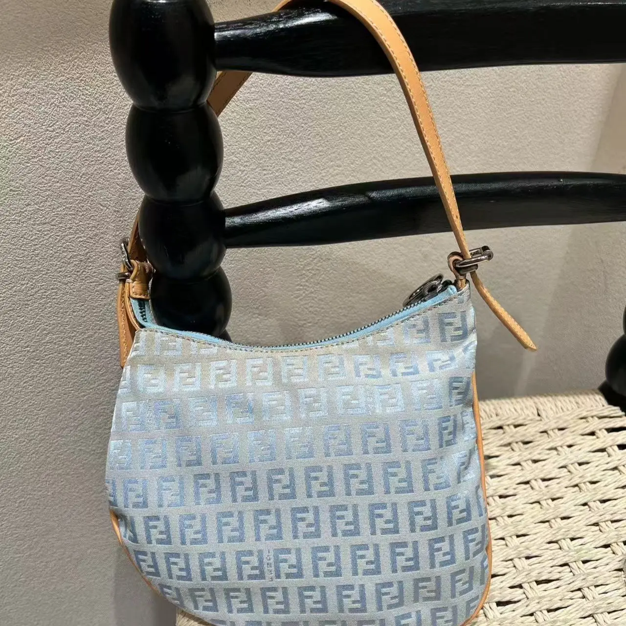 Pre-owned FENDI Zucchino FF Light Blue Canvas Hobo Shoulder Bag 21307783