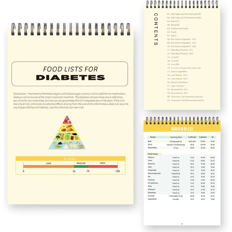 List,Meal Planner for ,Glycemic Index  Guide Chart with 345 Grocery Foods List, Diet Guide with Serving Size, Carbs, Calories(5.8 x 8.2IN,Yellow)