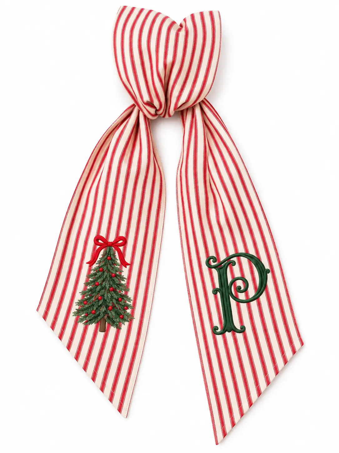 Personalized Christmas Tree Wreath Sash, Custom Text Embroidered Monogram Holiday Door Bow, Red White Striped Ribbon Sash, Traditional Christmas Front Door Decor  Copy Title