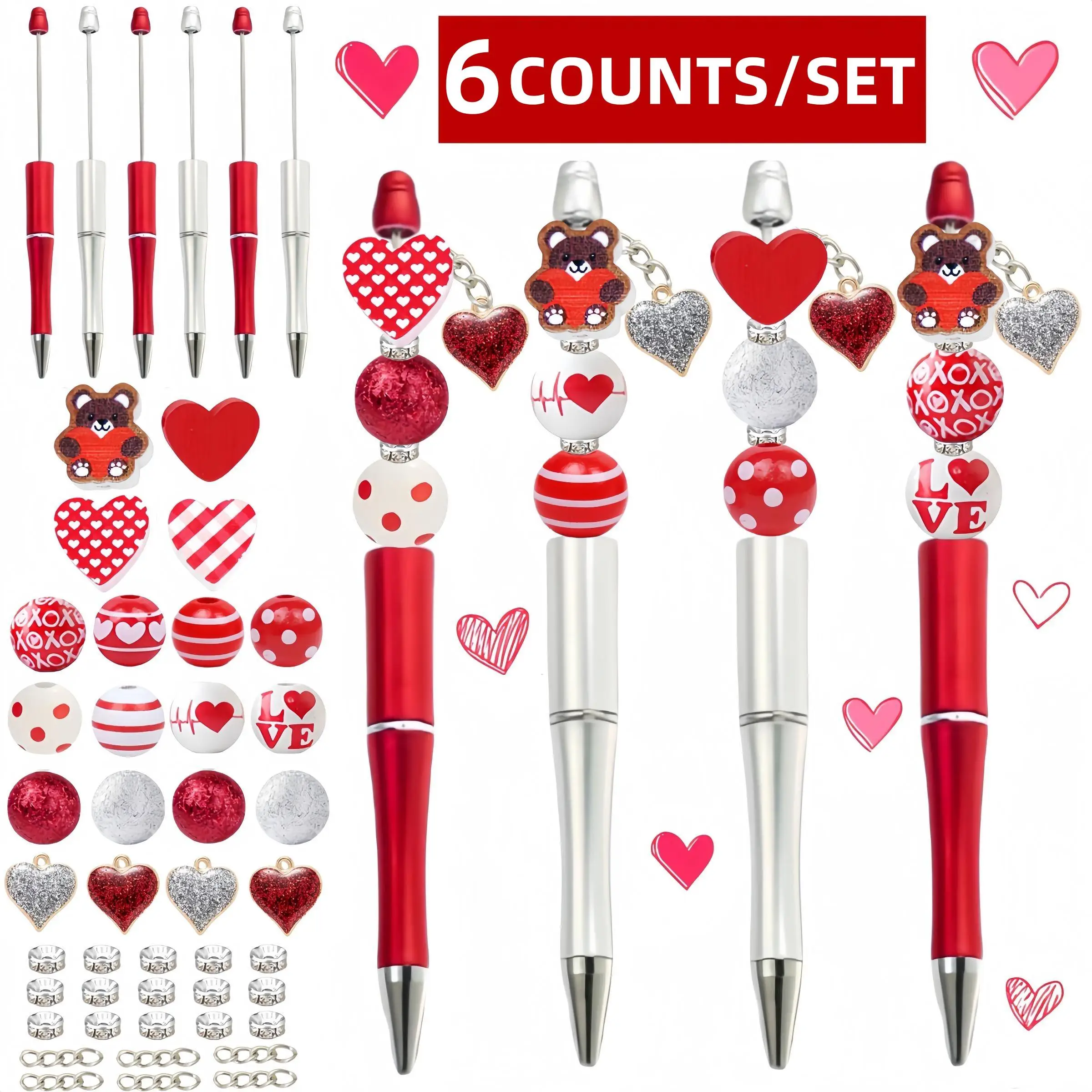 Mother's Day Themed Ballpoint Pen & Wooden Bead & Pendant Sets, 6 Counts/10pcs Heart & Bear Design Office Stationery for Student Teacher, Valentines G