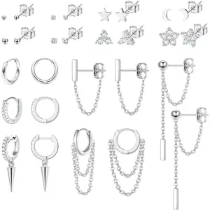 Sanfenly 14 Pairs of Exquisite Stud Hoop Earrings Set Brilliant Dangle Chain Earrings for Women Men Dazzling Mini Ball CZ Moon Star Flower Earring Set Fashion Code Dynamic Design Smooth Lines Soft Luster Pair with Denim Clothing Sweet Atmosphere