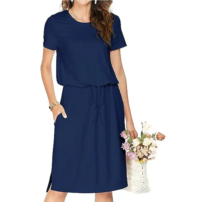 Women Summer Midi Knee Casual Dress Pocket Hide Belly Short Sleeve Spring Work Travel Teacher Outfit