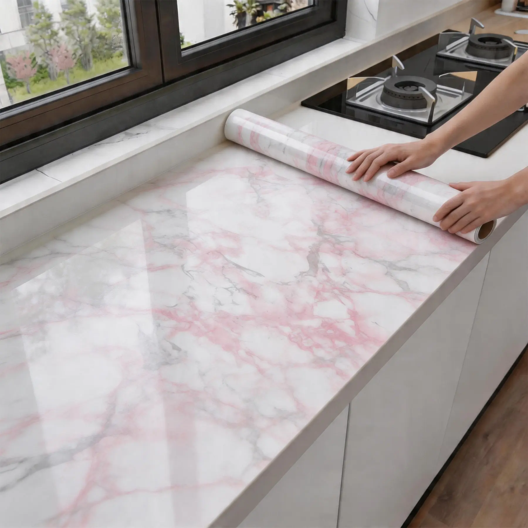 1PC Marble wall Paper, Decorative Wallpaper (15.75"x78.7"), Self-Adhesive Countertop Peel and Stick Wallpaper, Waterproof Removable Vinyl Film for Kitchen Countertops Cabinets Backsplash (White/Grey, Multiple Styles)