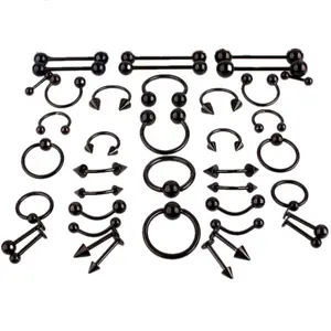 36-Piece Black Piercing Jewelry Set, Assorted Body Piercing Kit with Barbells, Horseshoe Rings and Circular Barbells, Multi-Style Piercing Jewelry for All Piercing Types