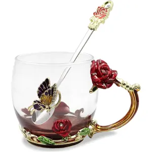 Enamels Butterfly Flower  Cup, Glass Coffee Mugs with Spoon, Gifts for Birthday Valentines Mothers Day Graduation Christmas, Presents for Women Wife Mom Her Grandma Girls Teacher Friends