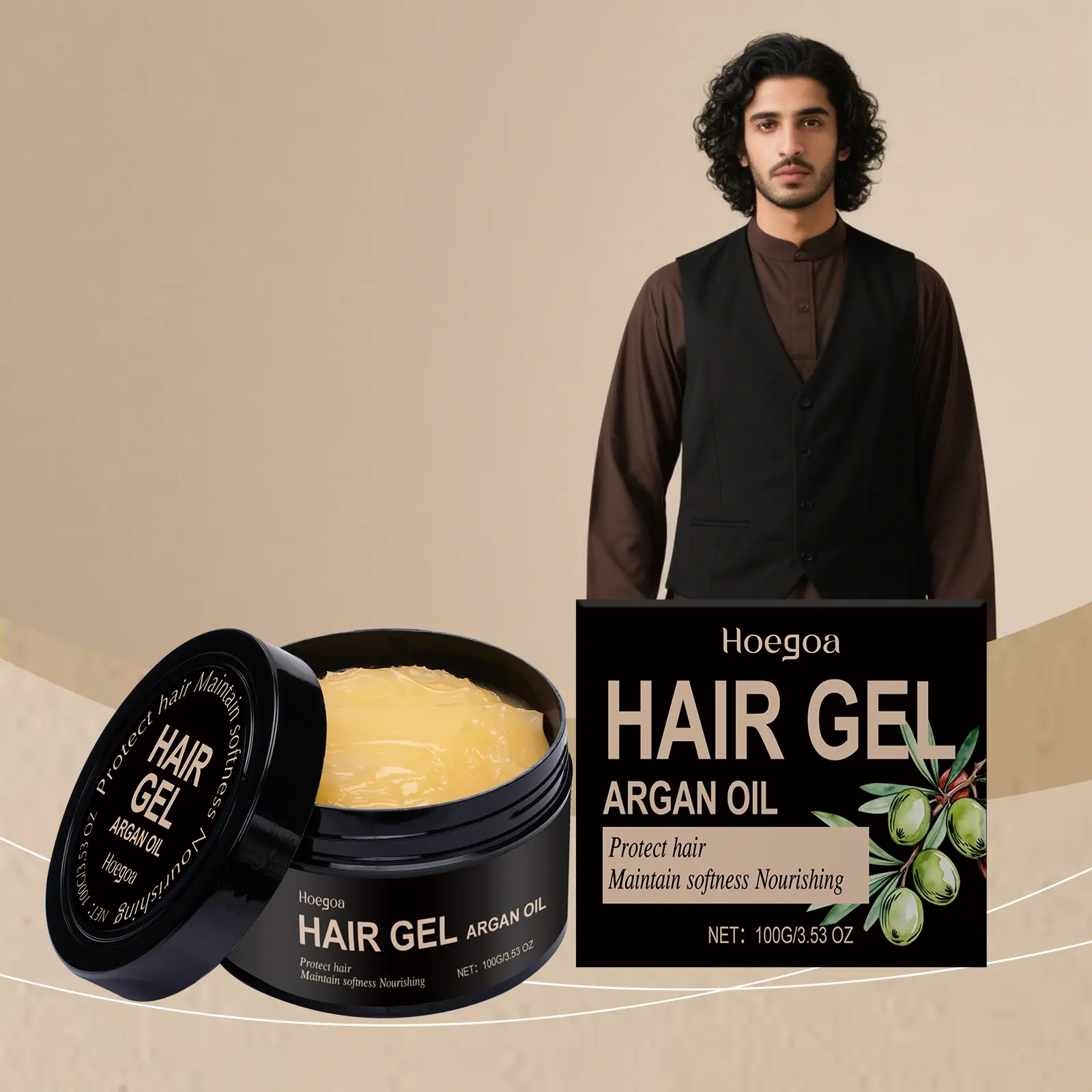 Hoegoa Argan Oil Styling Gel, tames hair and creates glossy hairstyles, suitable for both curly and straight hair