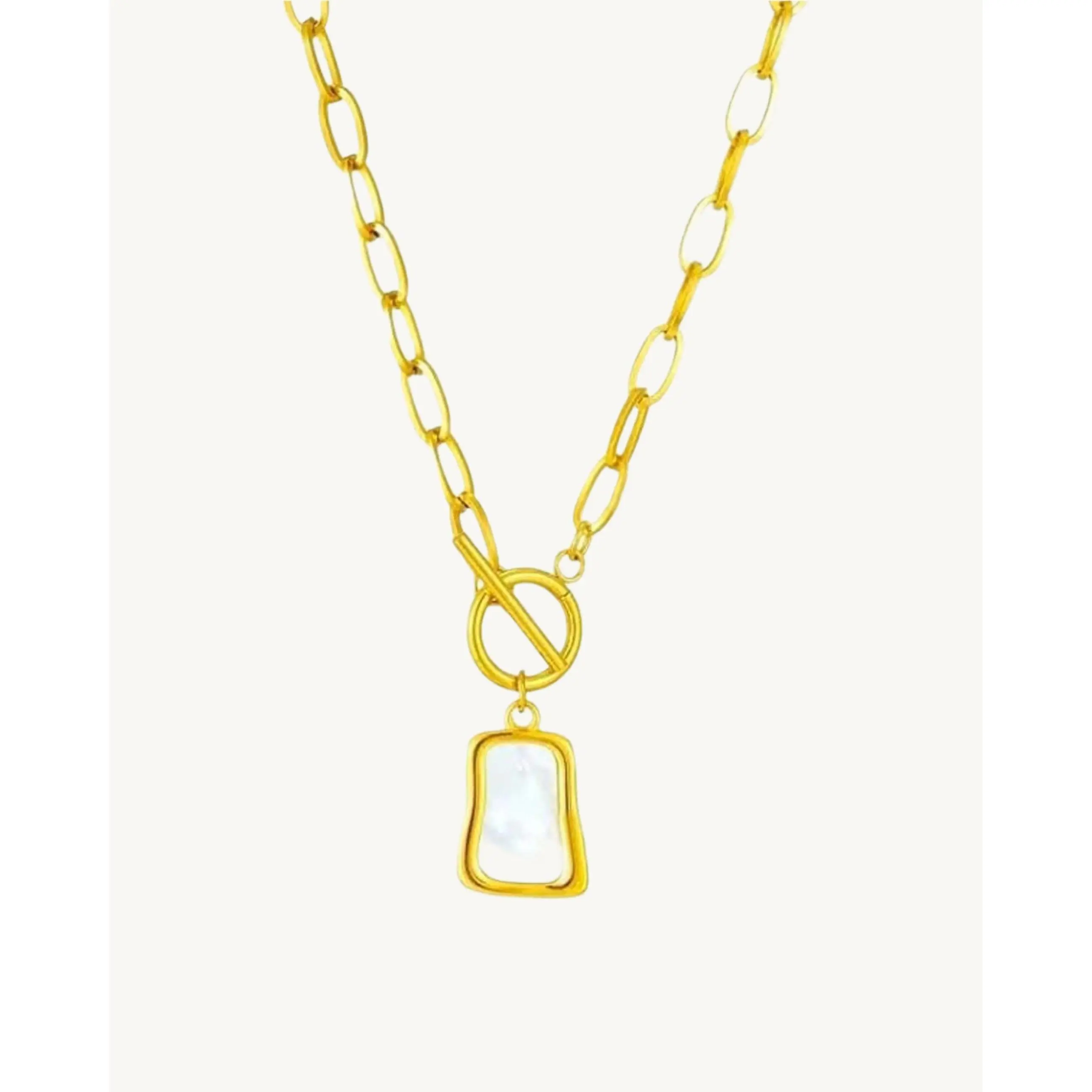 AVELI Stainless Steel Geometric Trapezoidal Oyster Pearl Pendant Necklace with Toggle Lock - Yellow Gold Tone Jewelry for Women, Hypoallergenic, Oyster Pearl Accent, Stylish Statement Piece