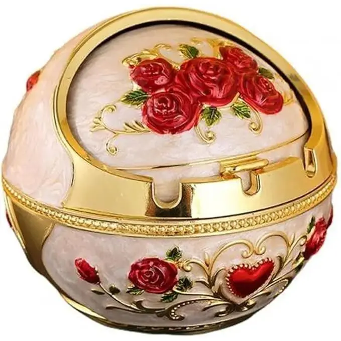 Antique Zinc Alloy Ashtray with Flip Lid - Windproof, Odor-Locking, Portable Large Decorative Jar, Desktop Ornament for Room Decor, Patio Smoking Accessory, Ideal Birthday Gift (Lid Included, Aluminium Design)，anniversary gift for him