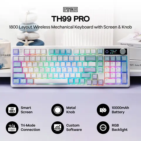 EPOMAKER TH99 PRO 96% Layout 98-Keys Gasket Mount Creamy Silent Wireless RGB Backlit Keyboard for Gamers/Coders, Tri-Mode USB-C/BT 5.0/2.4GHz, Screen & Knob, Adjustable Kickstand, PBT Keycaps, Hot Swap, Custom Driver, N-Key Rollover, 10000mAh Battery