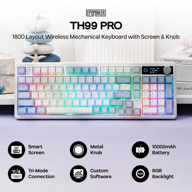 EPOMAKER TH99 PRO 96% Layout 98-Keys Gasket Mount Creamy Silent Wireless RGB Backlit Keyboard for Gamers/Coders, Tri-Mode USB-C/BT 5.0/2.4GHz, Screen & Knob, Adjustable Kickstand, PBT Keycaps, Hot Swap, Custom Driver, N-Key Rollover, 10000mAh Battery