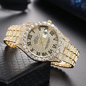 Classic Gold Men’s Quartz Watch, Stainless Steel Strap, Roman Numeral Dial, Rhinestone Crystal Bezel, Date Calendar Display, Waterproof Business Dress Wristwatch for Men, Luxury Fashion Relogio Masculino Gift, Casual Fancy Analog Clock Stylish Acce SOXY