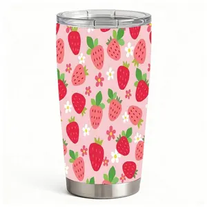 20oz Cute Strawberry & Flower Pattern Stainless Steel Tumbler， Tumbler with Lid Double Wall Vacuum Insulated Travel Mug