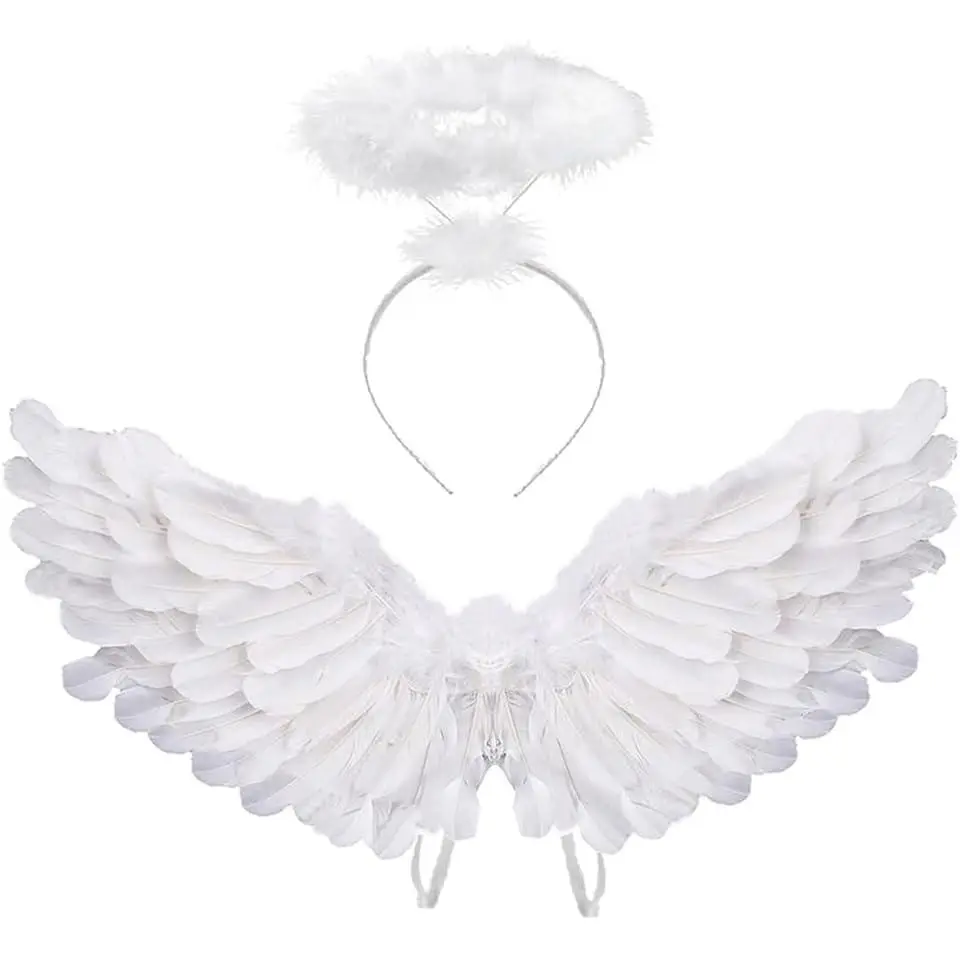 White Synthetic Feather Angel Costume Wings with Straps & Halo Headband - Festive Party Accessories for Girls, Angel Halloween Costume Events, Costumes