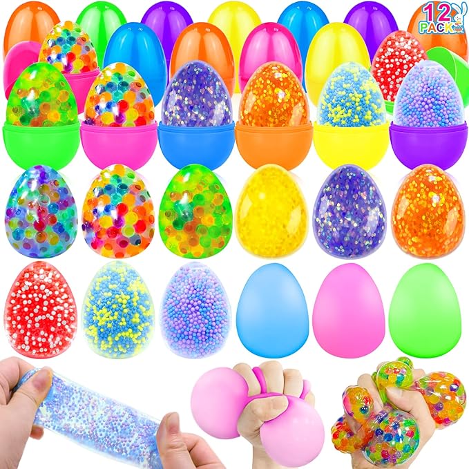 12 Pack Prefilled Easter Eggs with Toys & Stress Relief Fidget Balls Easter Basket Stuffers Squishy Sensory Toys Easter Egg Fillers for Kids Classroom Party Favors Gifts