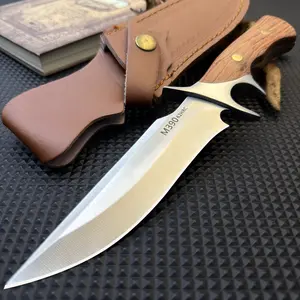 Fixed-blade knife, wooden handle, camping knife, with leather sheath, suitable for outdoor survival, camping and hiking