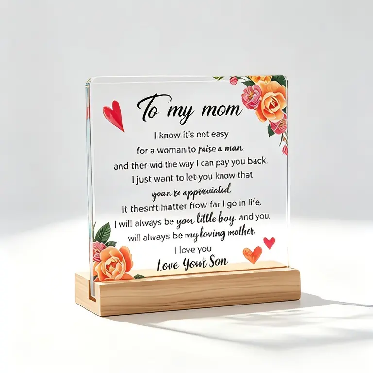 Square Acrylic Desk Plaque with Wooden Stand, To My Mom Orange Rose Red Heart Quote Table Sign, Sentimental Gift for Mom from Son for Christmas Thanksgiving Birthday Mother’s Day