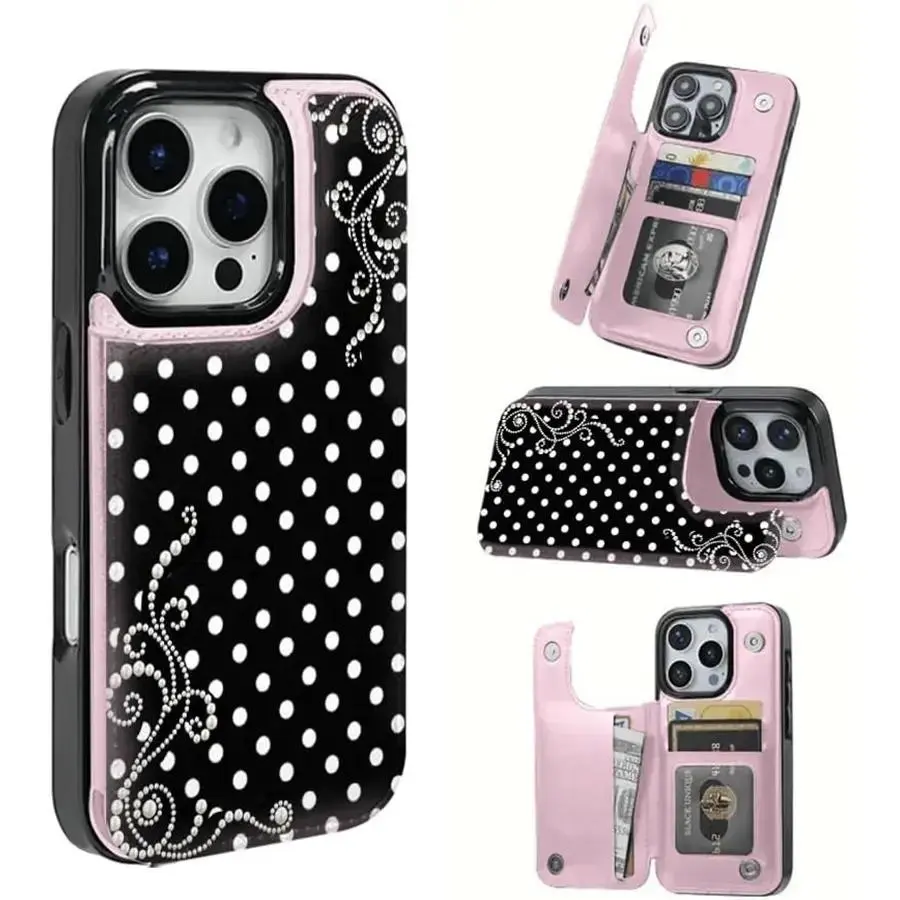 Phone case: Pearl polka dot dream pattern, this practical TPU phone case adopts pattern design, with card slot function, can store bank cards, bus cards and other cards. Suitable for iPhone 16 Pro Max, 16, 15 Pro, 14 PLUS, 13, 12 Pro Max series. Can be us