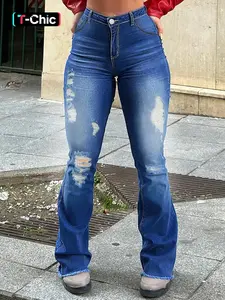 Women's Ripped Pocket Design Button Fly Flare Leg Jeans, Casual Aesthetic Comfy Fit High Waist Raw Hem Bell Bottom Medium Wash Denim Trousers for Everyday Wear, Ladies Bottoms for All Seasons Pants