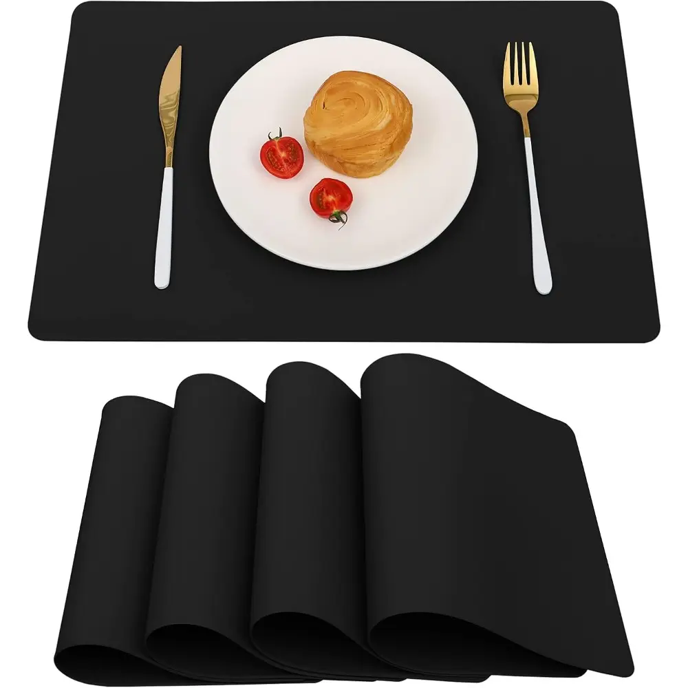 4-Piece Modern Solid PU Reversible Black Leather Placemats Set, 17.7"x11.8" Rectangle, Heat-Resistant, Waterproof, Oil-Resistant, Wipeable, Sturdy, Safe Contact, Easy to Clean for Indoor Kitchen Dining, Coffee Shop Use